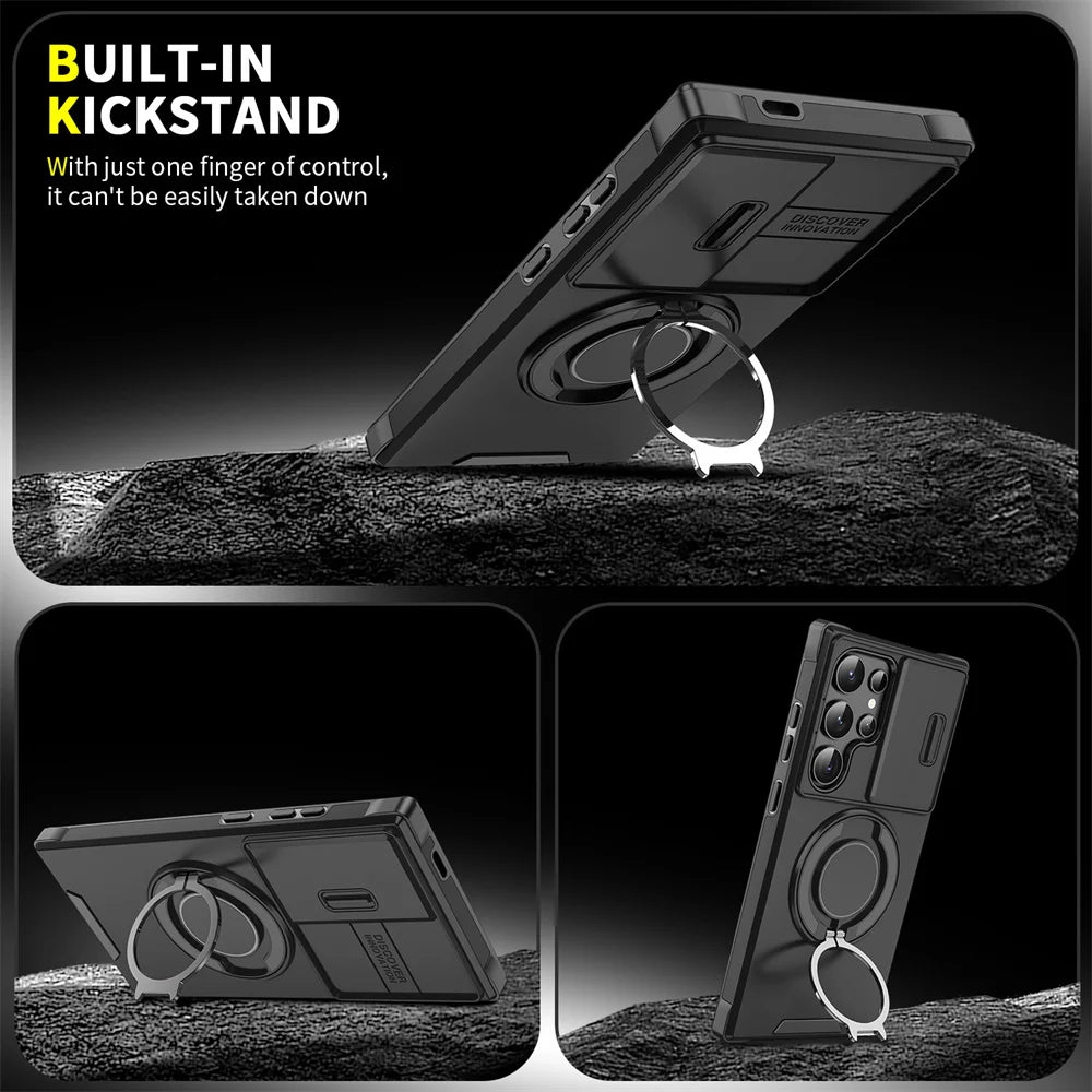 Phone case with built-in kickstand feature on a black background