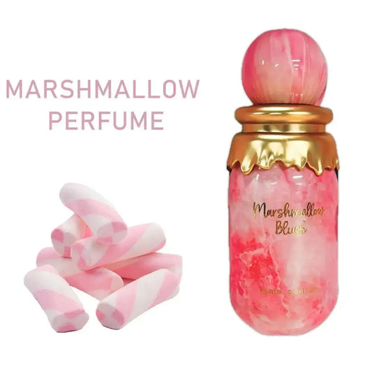 Marshmallow-themed perfume bottle with pink and white candy on a white background