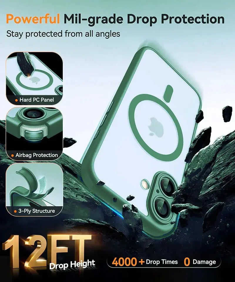 Phone case with drop protection features and durability testing on a rocky background