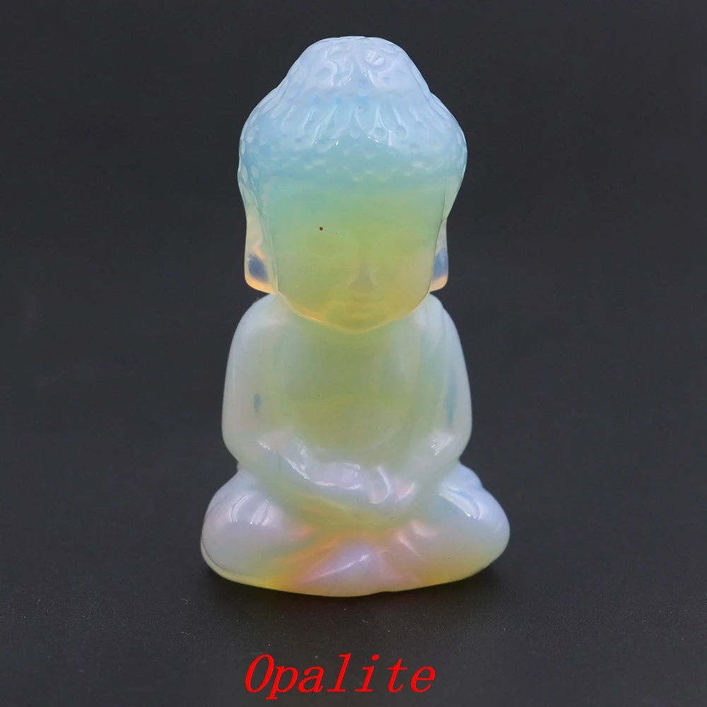 Opalite Buddha figurine on a black background