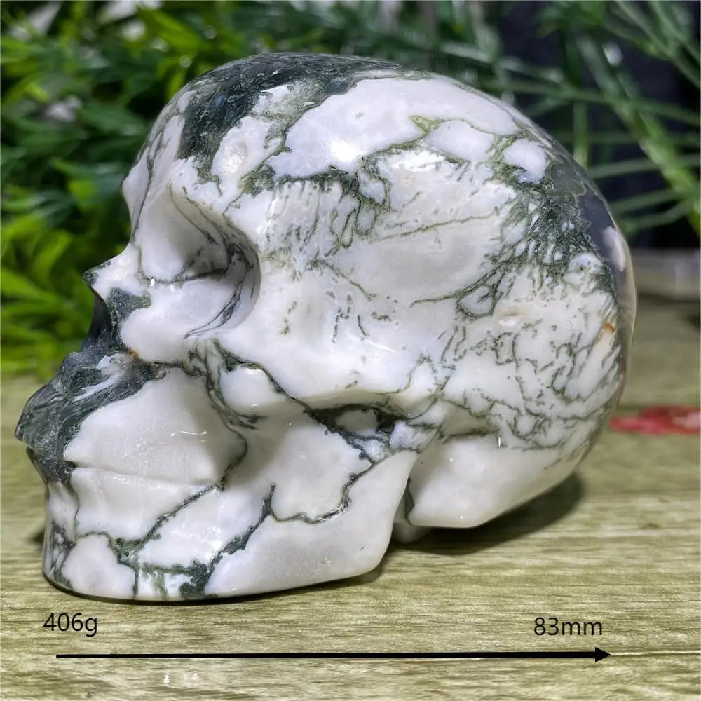 Marble-like skull sculpture with measurement details on a wooden surface