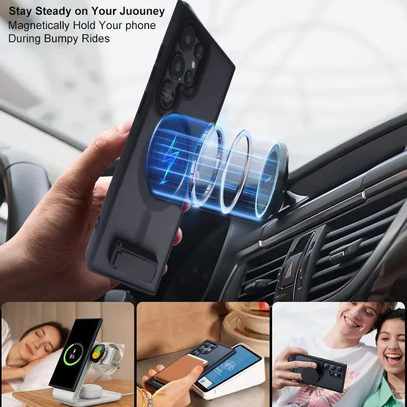 Phone holder with magnetic feature for phone stability during bumpy rides, used in various settings.