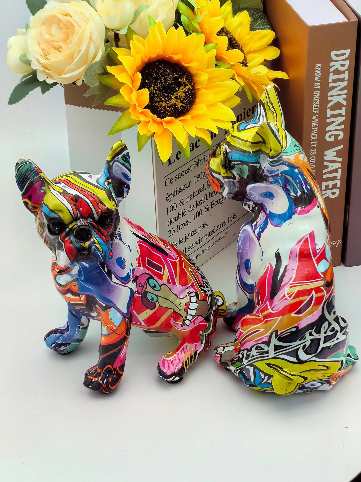 Colorful bulldog figurines with sunflowers and a book in the background frenchie french bulldog