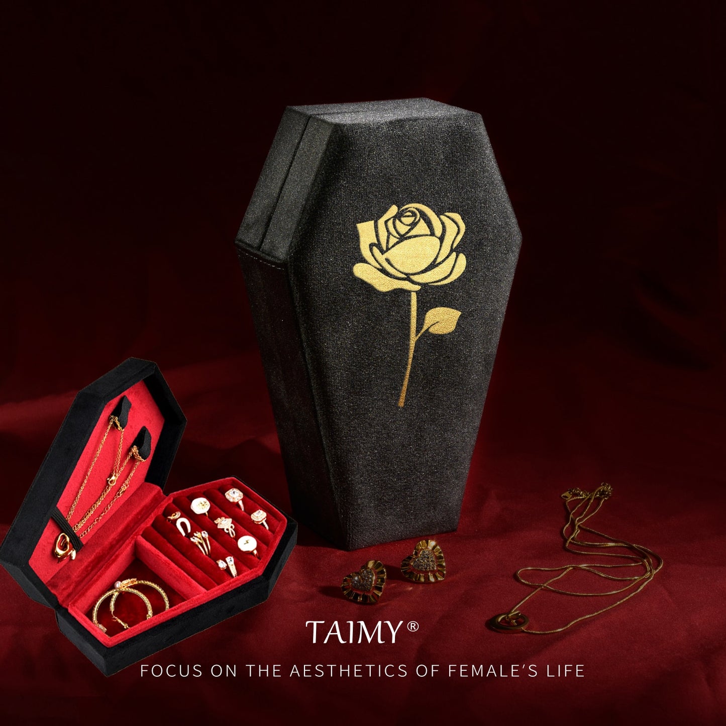 Gothic Velvet Coffin Jewelry Box gold rose