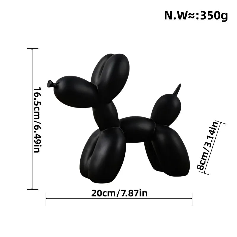 Black balloon dog sculpture with measurements on a white background