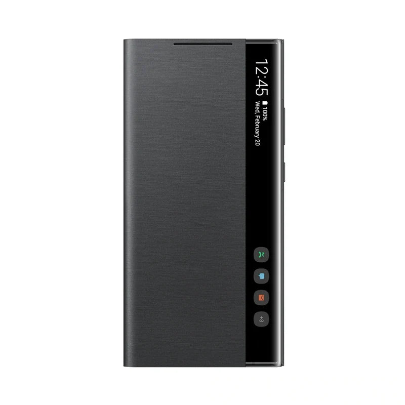 Black phone case with digital display on a white background