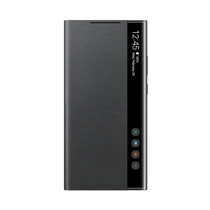 Black phone case with digital display on a white background