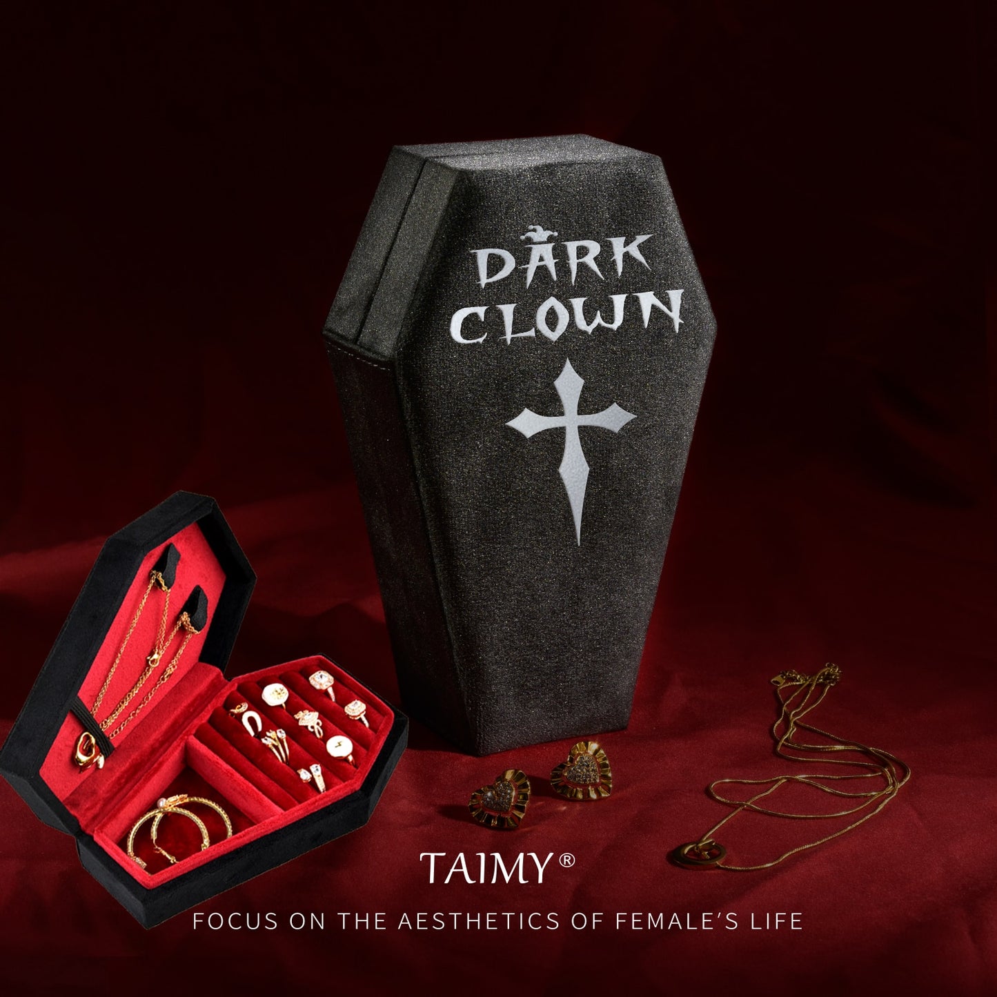 Gothic Velvet Coffin Jewelry Box dark clown detail