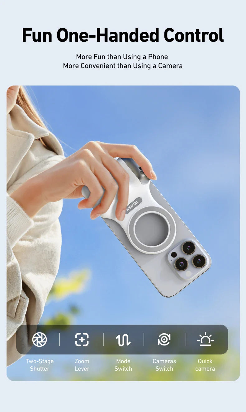 Hand holding a device with control options displayed on a blue sky background