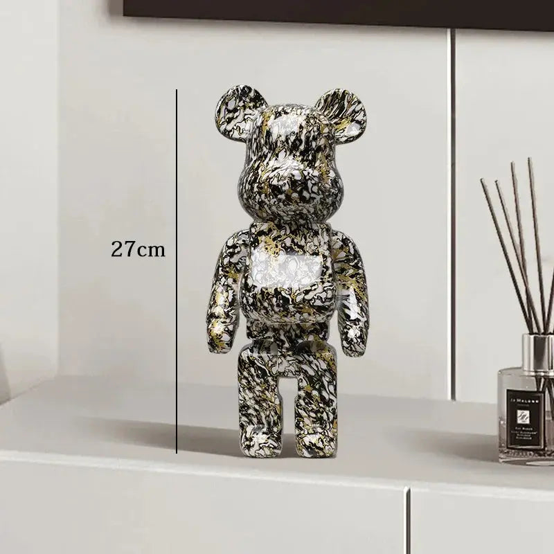 Metallic bear figure on a white surface with dimensions indicated be@rbrick collectable
