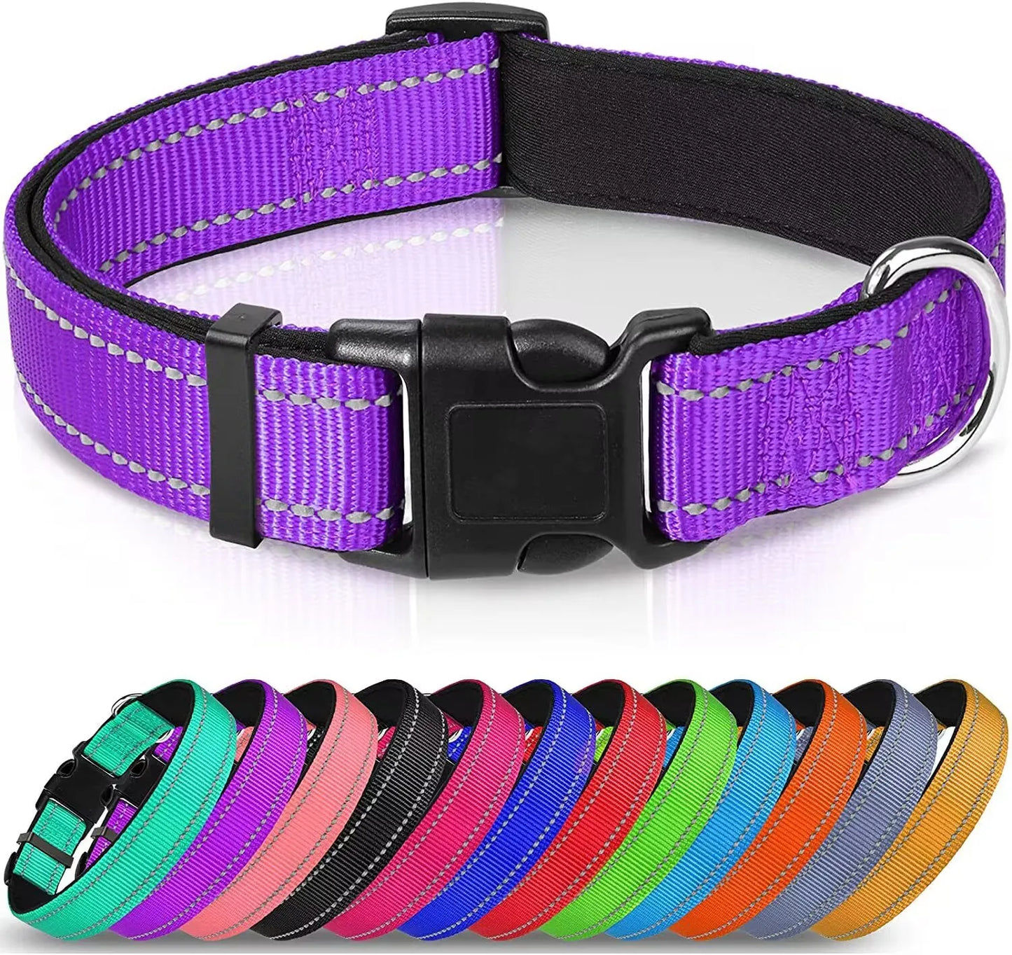 Reflective Dog Collar, Soft Neoprene Medium to Large Dogs, Neck 25-60 Centimetre purple