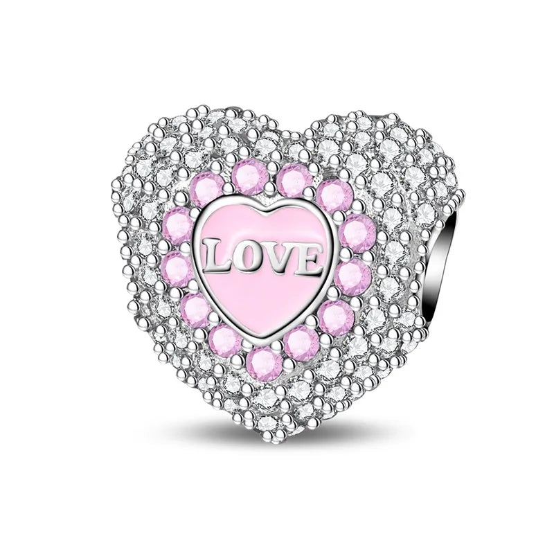 Heart-shaped charm with pink 'LOVE' heart and sparkling border on a white background