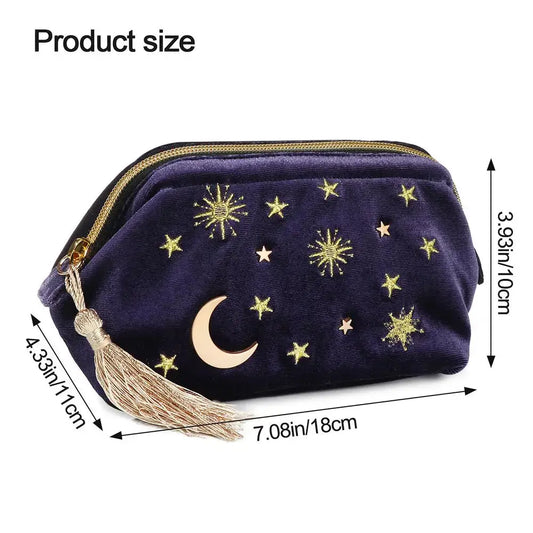 Navy blue pouch with gold stars and moon design, featuring measurements on a white background.