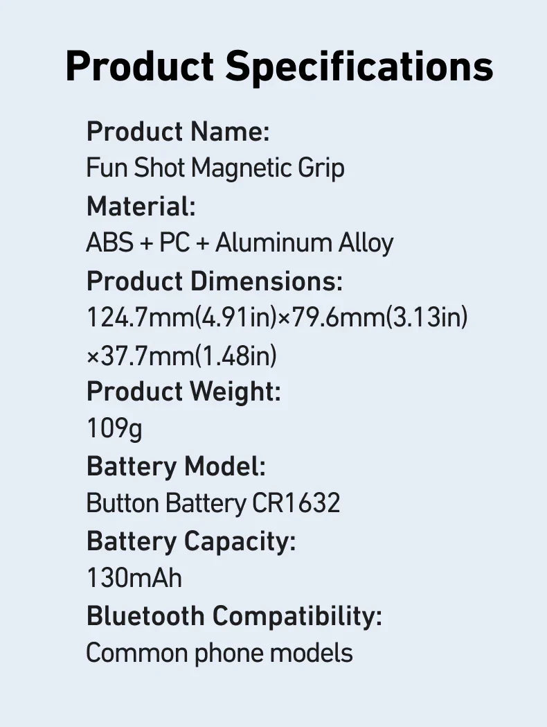 Product specifications for Fun Shot Magnetic Grip on a white background