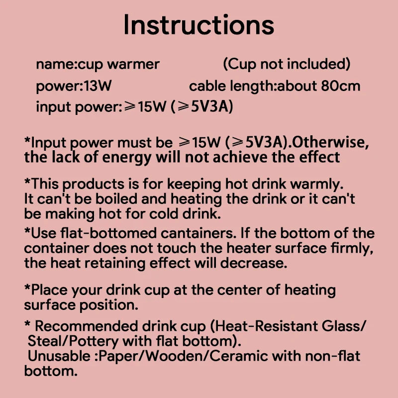 Instructions for thermostatic cup warmer use, including power requirements, compatible cup types, and safety guidelines.