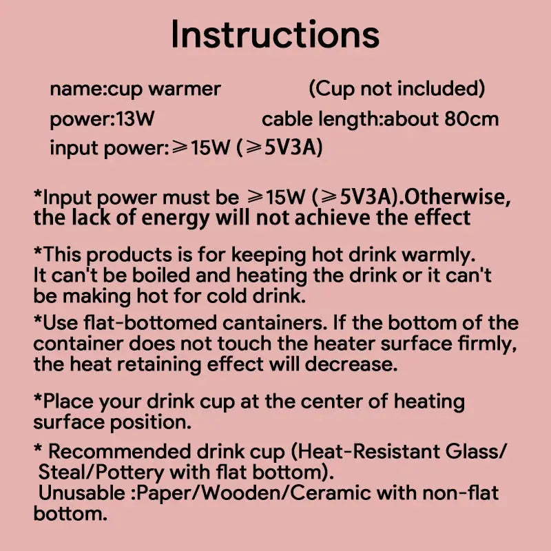 Instructions for thermostatic cup warmer use, including power requirements, compatible cup types, and safety guidelines.