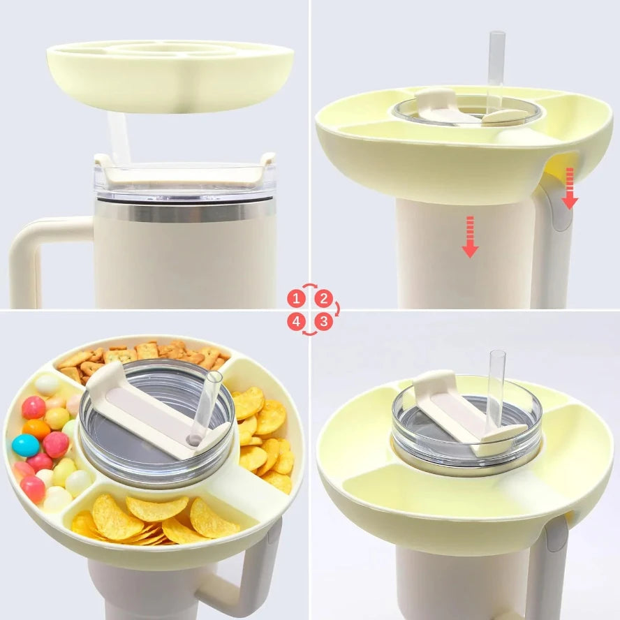 Stanley cup tray Multifunctional kitchen tool with various compartments and a lid on a white background