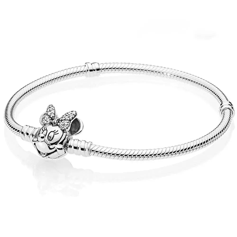 Disney Minnie Mouse Silver bracelet with a rose charm on a white background