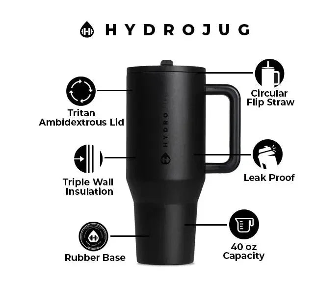 Black HydroJug Gobelet 40OZ Voyageur Thermos infographic displaying features like triple wall insulation, rubber base, and 40oz capacity.