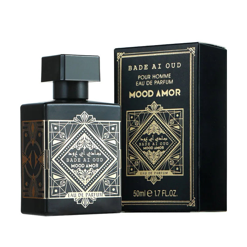 Bade ai Oud Mood Amor perfume bottle and packaging on a white background