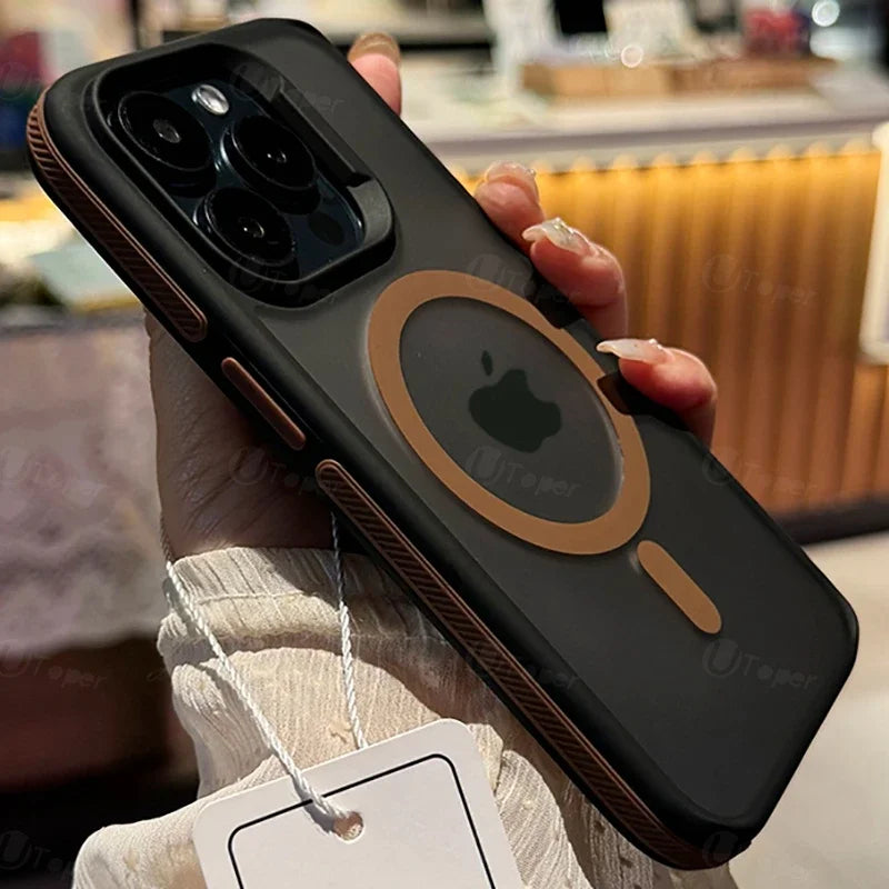 Phone case with Apple logo held by a person, blurred indoor background
