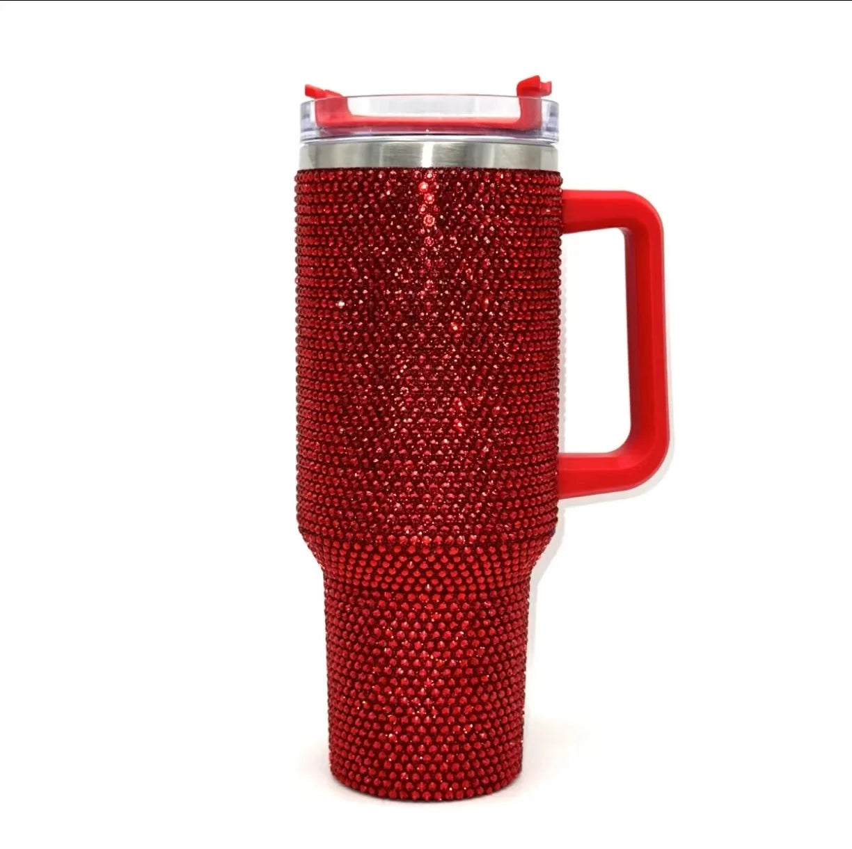 Red blinged-out travel mug with a handle on a white background