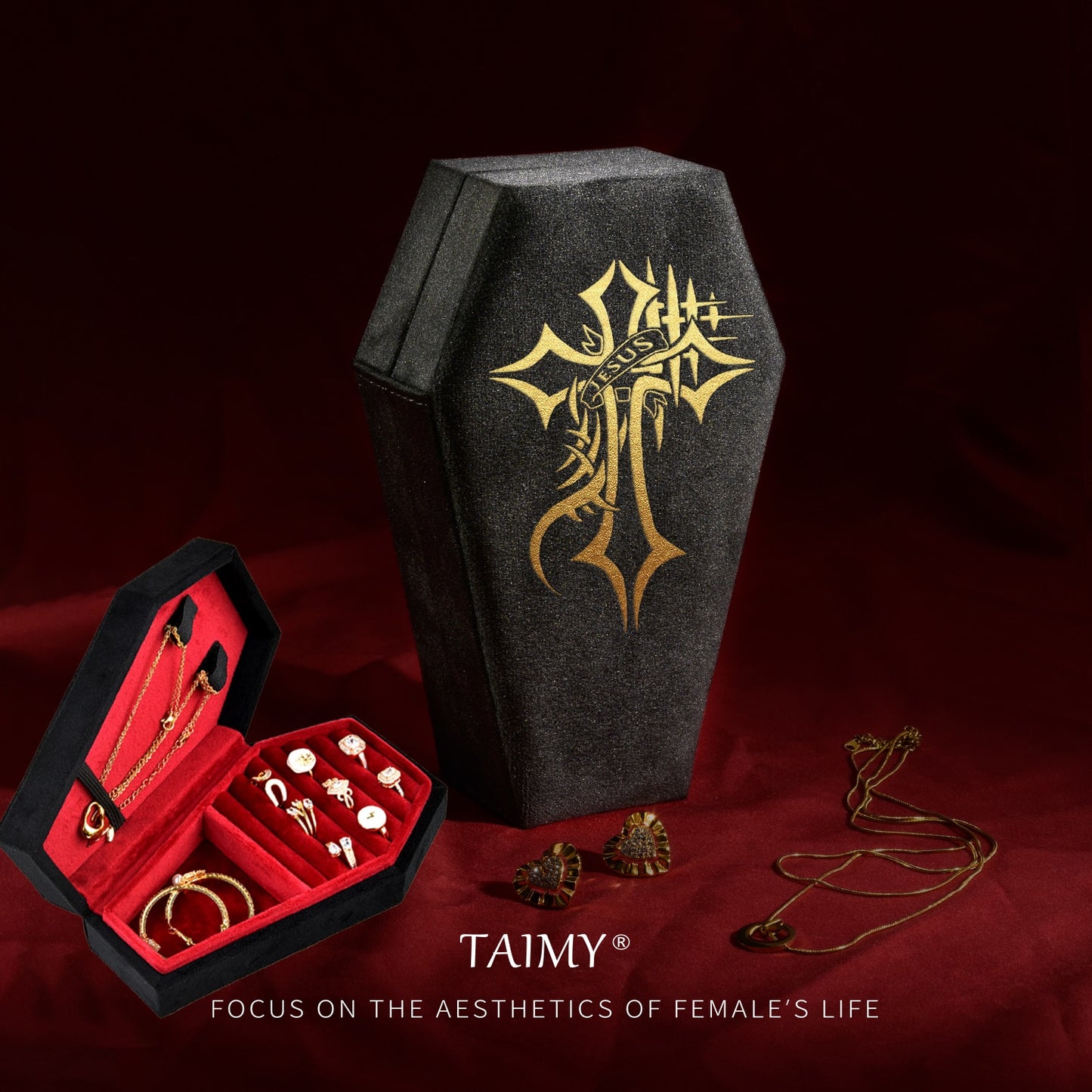 Gothic Velvet Coffin Jewelry Box cross
