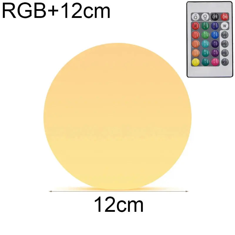 Round light bulb with RGB+12cm text and remote control on a white background