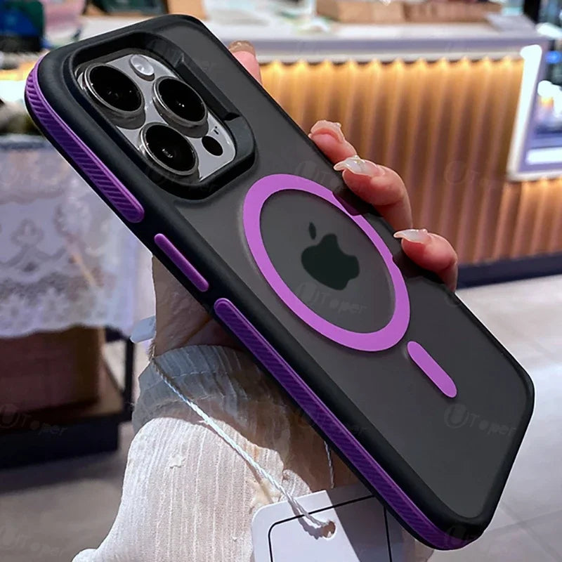 Phone case with Apple logo held by a person in an indoor setting