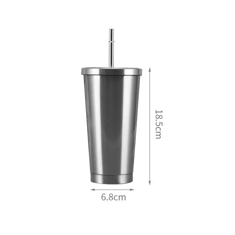 Stainless steel tumbler with straw on a white background