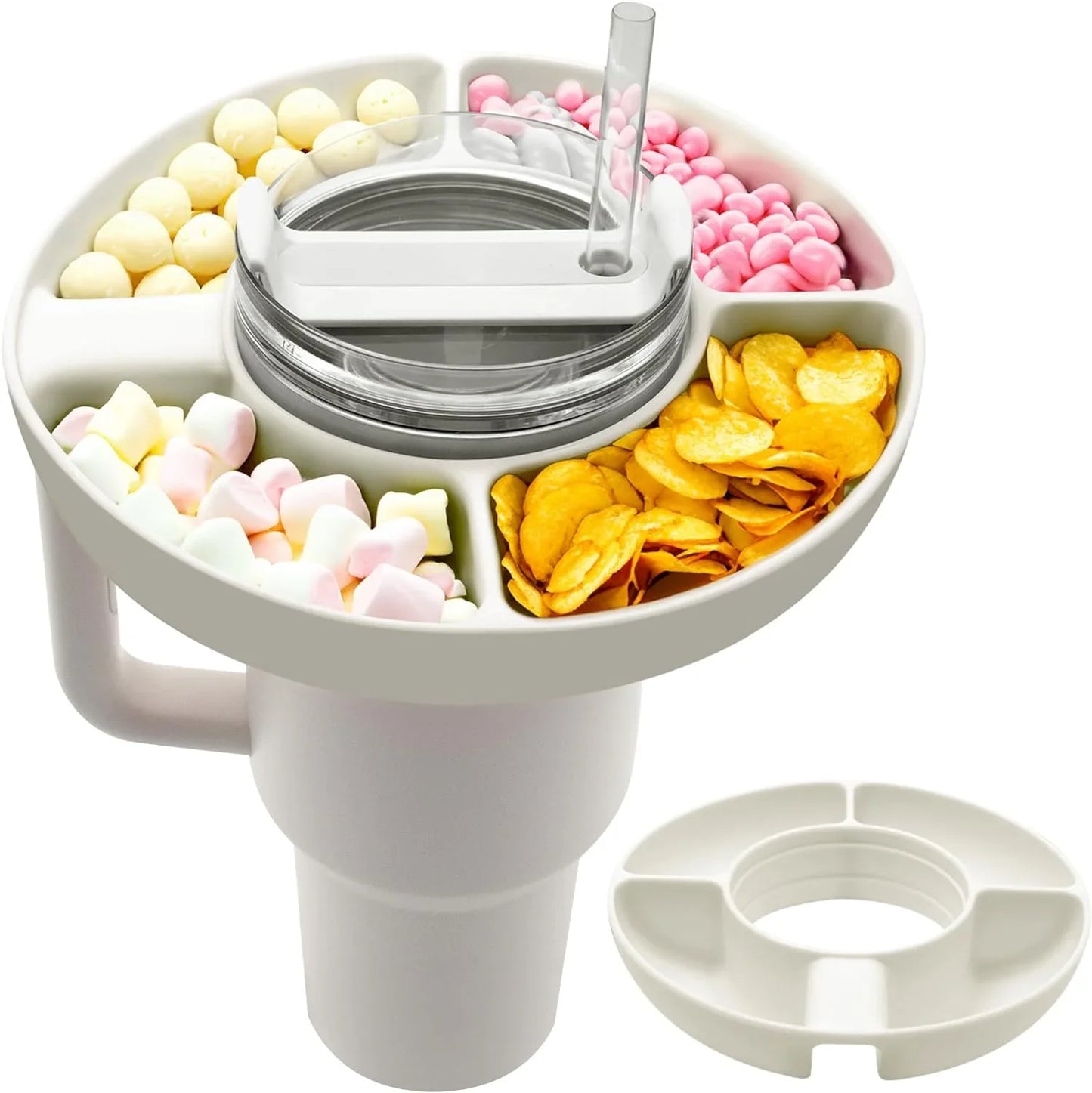 Stanley cup tray White candy spinner with compartments filled with colorful candies on a white background