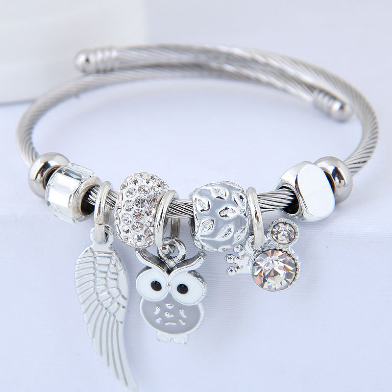 DIY Beaded Owl Angel Wings Pendant Stainless Steel Bracelet Pure Ember