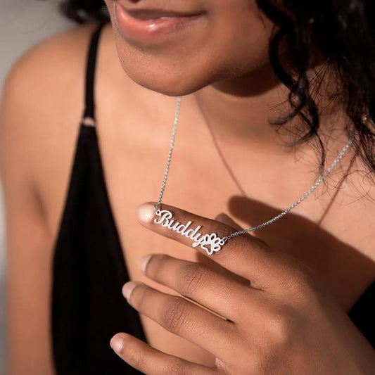 Paw Print Custom Name Necklace silver