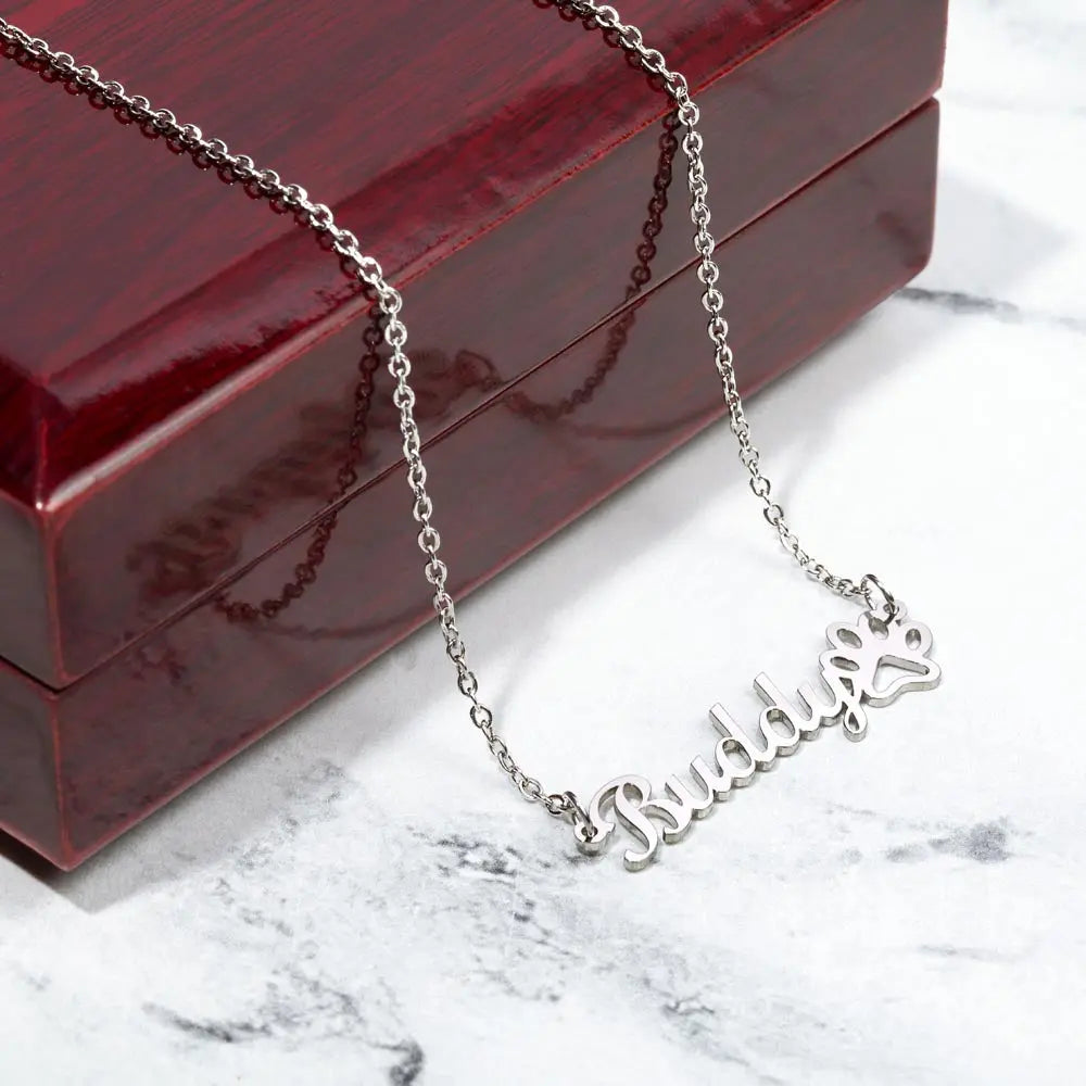 Paw Print Custom Name Necklace with lux wooden led gift box silver