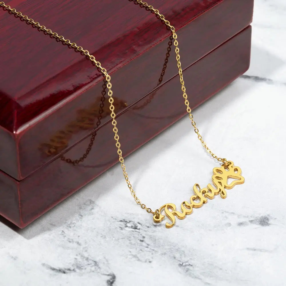 Paw Print Custom Name Necklace gold with lux wooden led light gift box