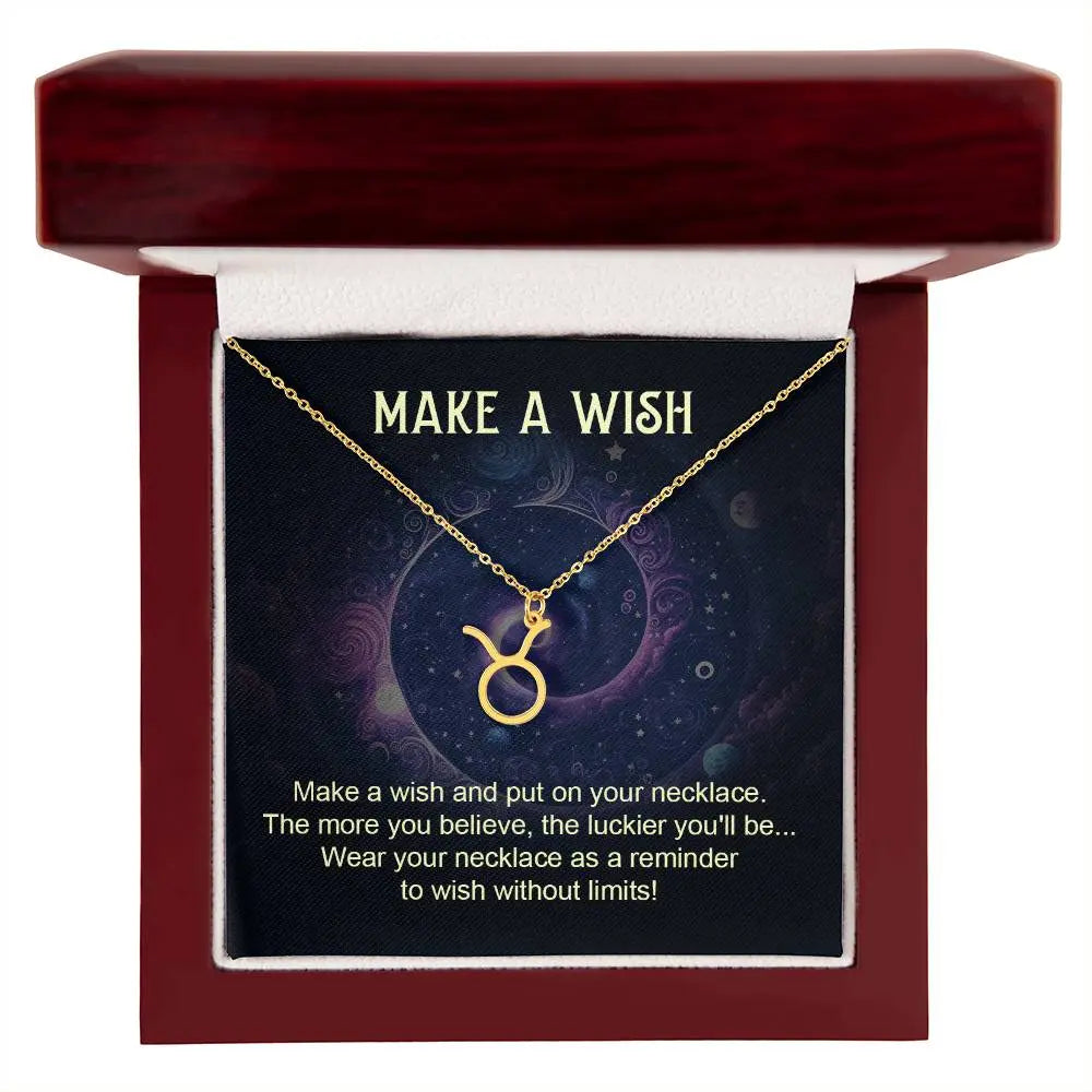 zodiac pendant necklace gold with make a wish message card in lux wooden box gift tarus