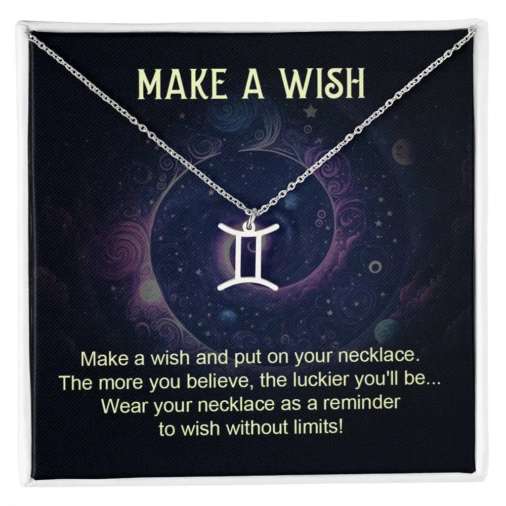 silver Gemini zodiac pendant necklace with make a wish gift card