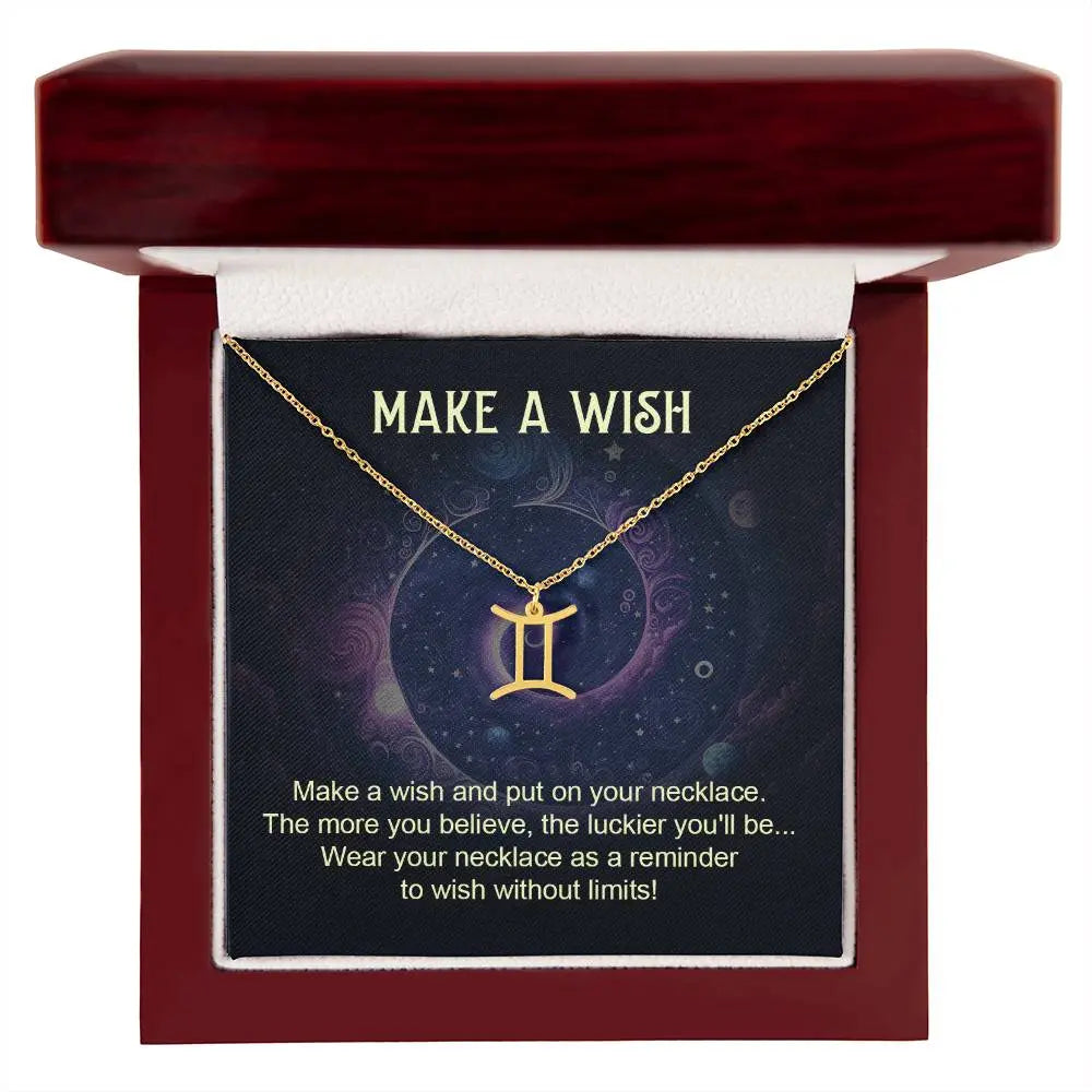 gemini zodiac pendant necklace gold with make a wish message card in lux wooden box gift