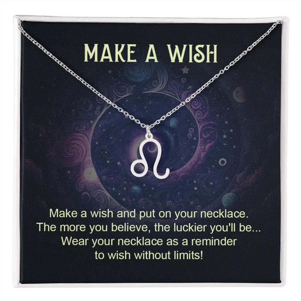 leo zodiac silver pendant necklace with make a wish gift card