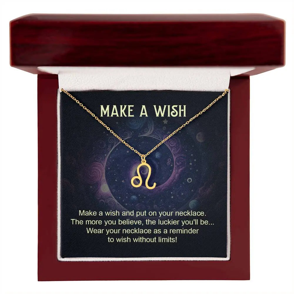 leo zodiac pendant necklace gold with make a wish message card in lux wooden box gift