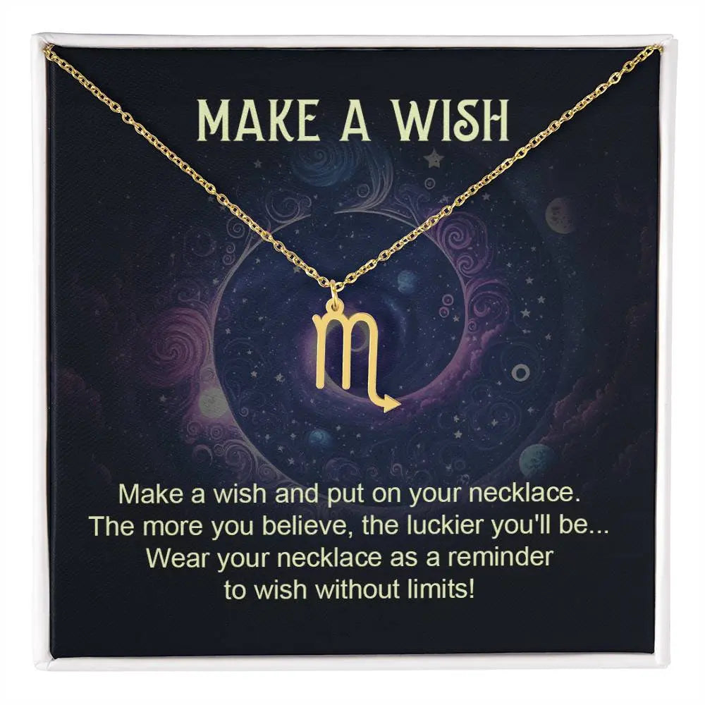 scorpio zodiac gold pendant necklace with make a wish gift card and box