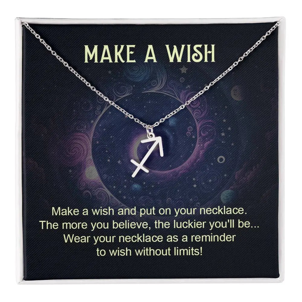Sagittarius zodiac pendant necklace silver with make a wish gift card and box