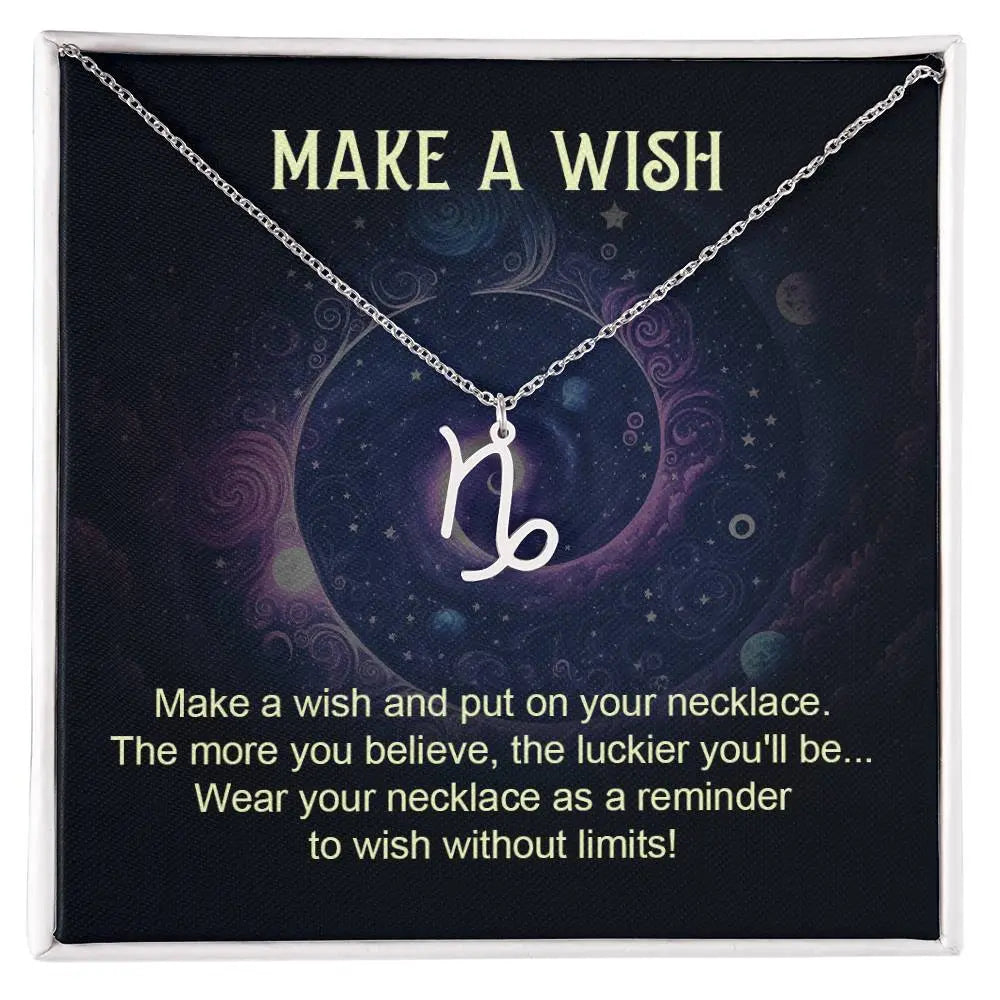 Capricorn zodiac pendant necklace silver with make a wish gift card and box