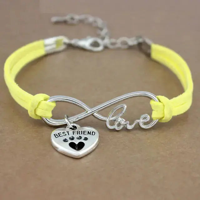 Rope Bracelet With Charms yellow infinity love with heart pendant that says best friend and a paw print