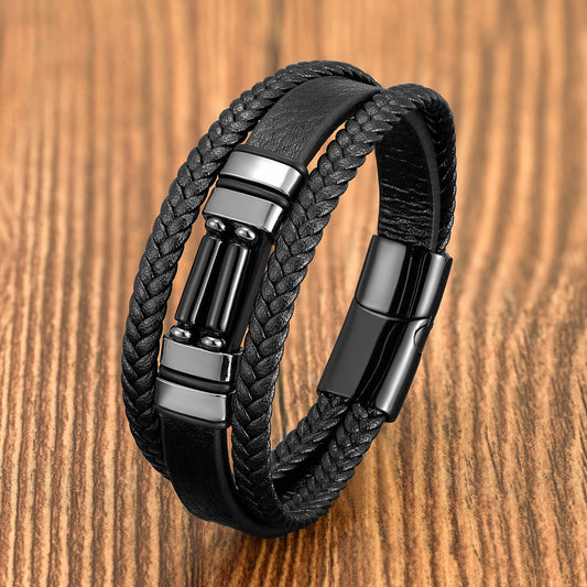 Black Agate leather braided bracelet cuff