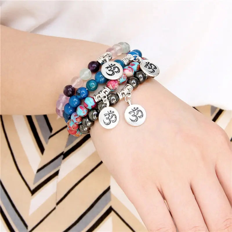 mixed Natural Stone crystal Bracelet with charm on wrist