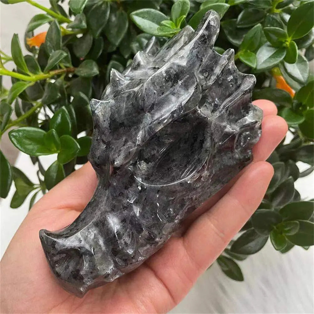 Crystal Dragon head skull in palm