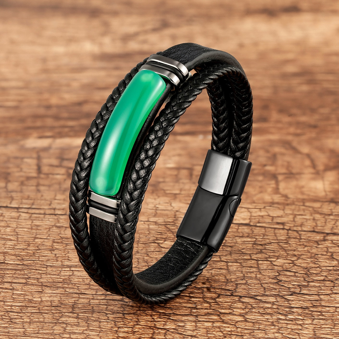 green agate leather braided bracelet cuff