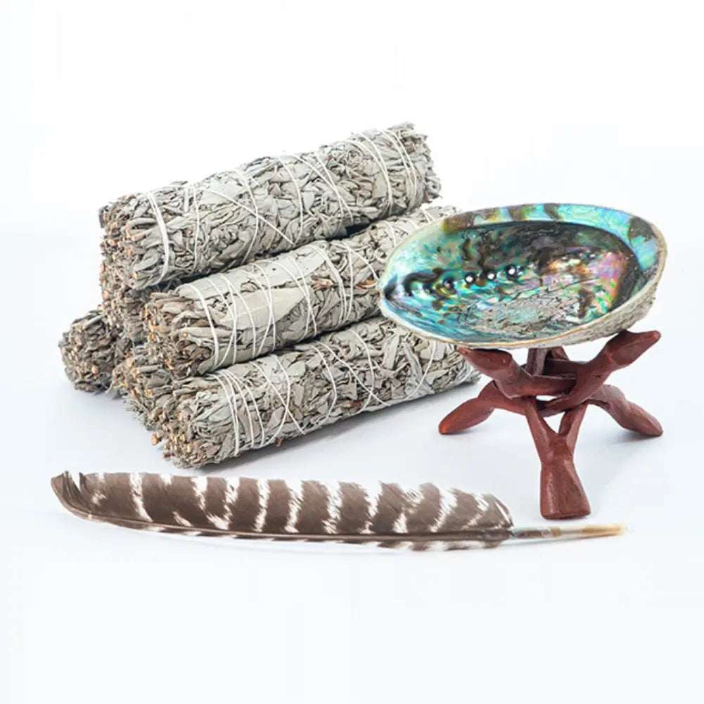 White Sage Stick Set with Abalone Shell & Wooden Tripod Stand for Room Purification Meditation Smoke - Pure Ember