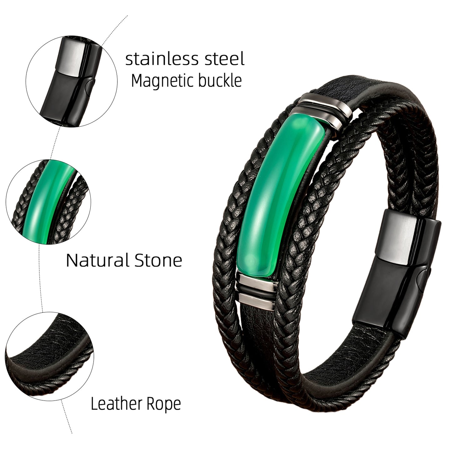 green agate leather braided bracelet features magnetic buckle